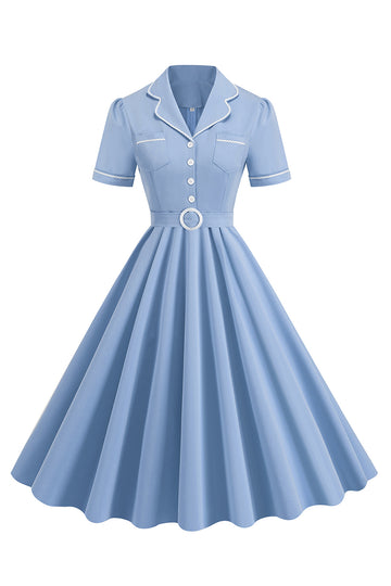 Blå A Line Lapel Vintage 1950-tallskjole med knapper